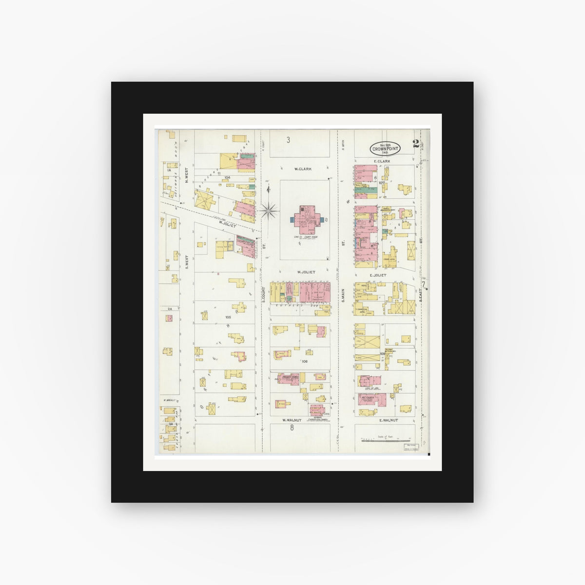Old map wall art mockup — black gallery frame with white mat — Sanborn Fire Insurance Map from Crown Point, Lake County, Indiana (1905), Sheet #0002