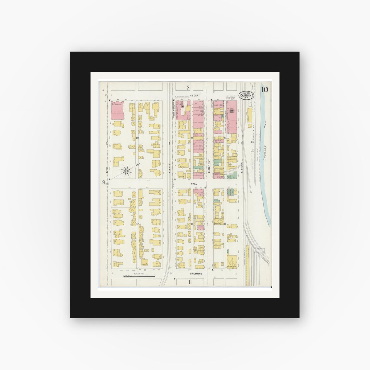 Old map wall art mockup — black gallery frame with white mat — Sanborn Fire Insurance Map from Corning, Steuben County, New York (1898), Sheet #0010