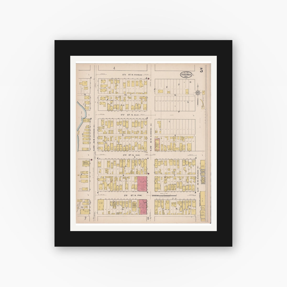 Old map wall art mockup — black gallery frame with white mat — Sanborn Fire Insurance Map from Virginia, Saint Louis County, Minnesota (1921), Sheet #0005