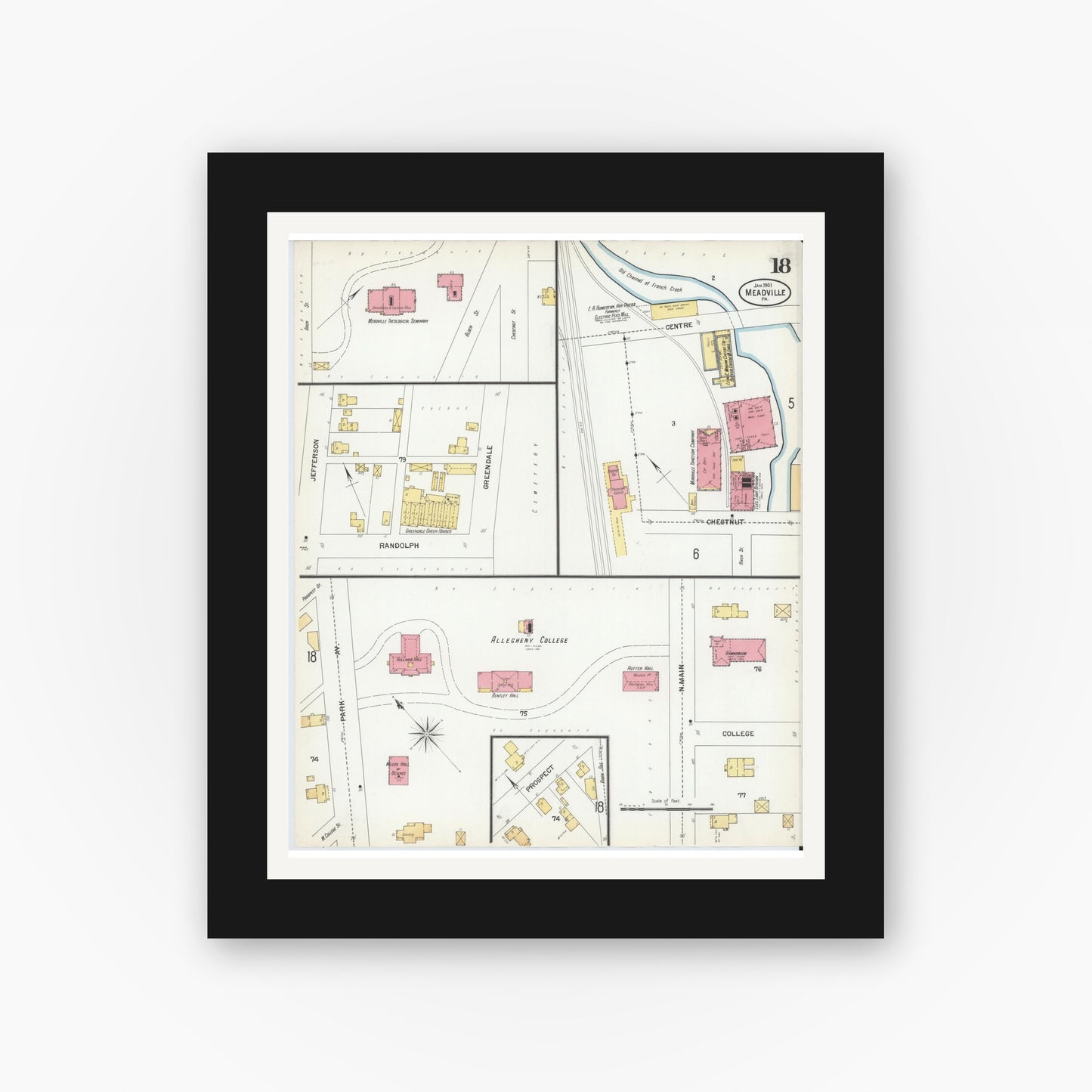 Old map wall art mockup — black gallery frame with white mat — Sanborn Fire Insurance Map from Meadville, Crawford County, Pennsylvania (1901), Sheet #0018