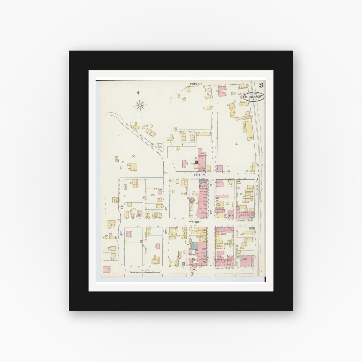 Old map wall art mockup — black gallery frame with white mat — Sanborn Fire Insurance Map from Middleport, Meigs County, Ohio (1893), Sheet #0003