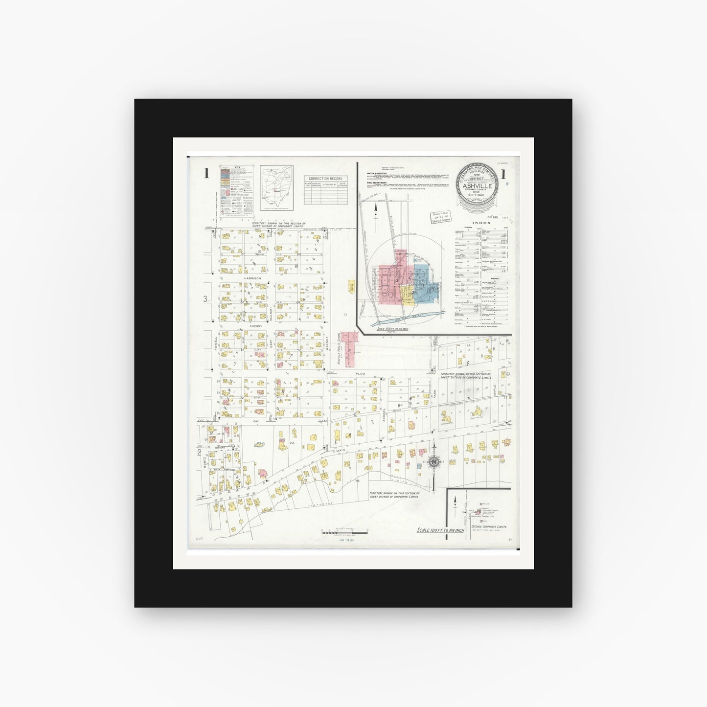 Old map wall art mockup — black gallery frame with white mat — Sanborn Fire Insurance Map from Ashville, Pickaway County, Ohio (1940), Sheet #0001