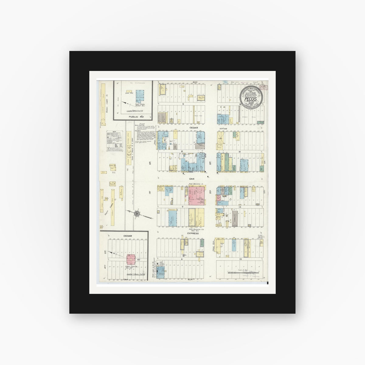 Old map wall art mockup — black gallery frame with white mat — Sanborn Fire Insurance Map from Pecos, Reeves County, Texas (1910), Sheet #0001