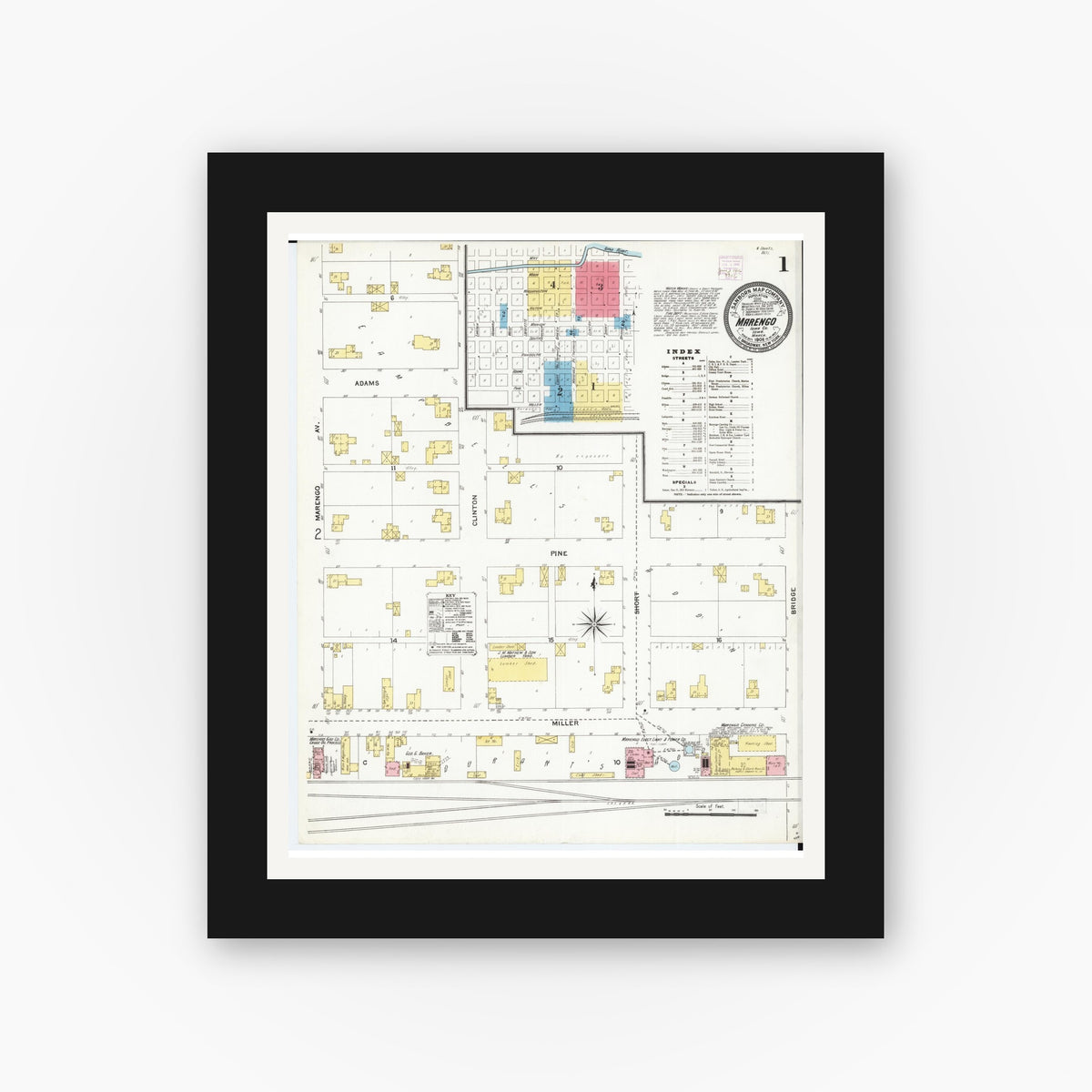Old map wall art mockup — black gallery frame with white mat — Sanborn Fire Insurance Map from Marengo, Iowa County, Iowa (1906) — Complete Set