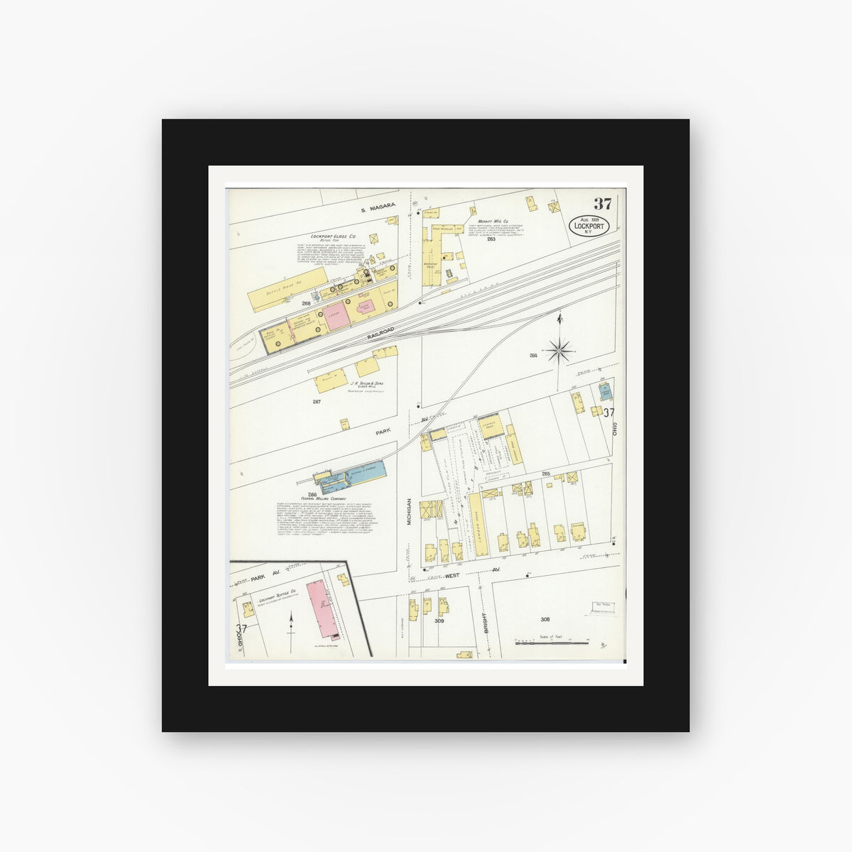 Old map wall art mockup — black gallery frame with white mat — Sanborn Fire Insurance Map from Lockport, Niagara County, New York (1909), Sheet #0037