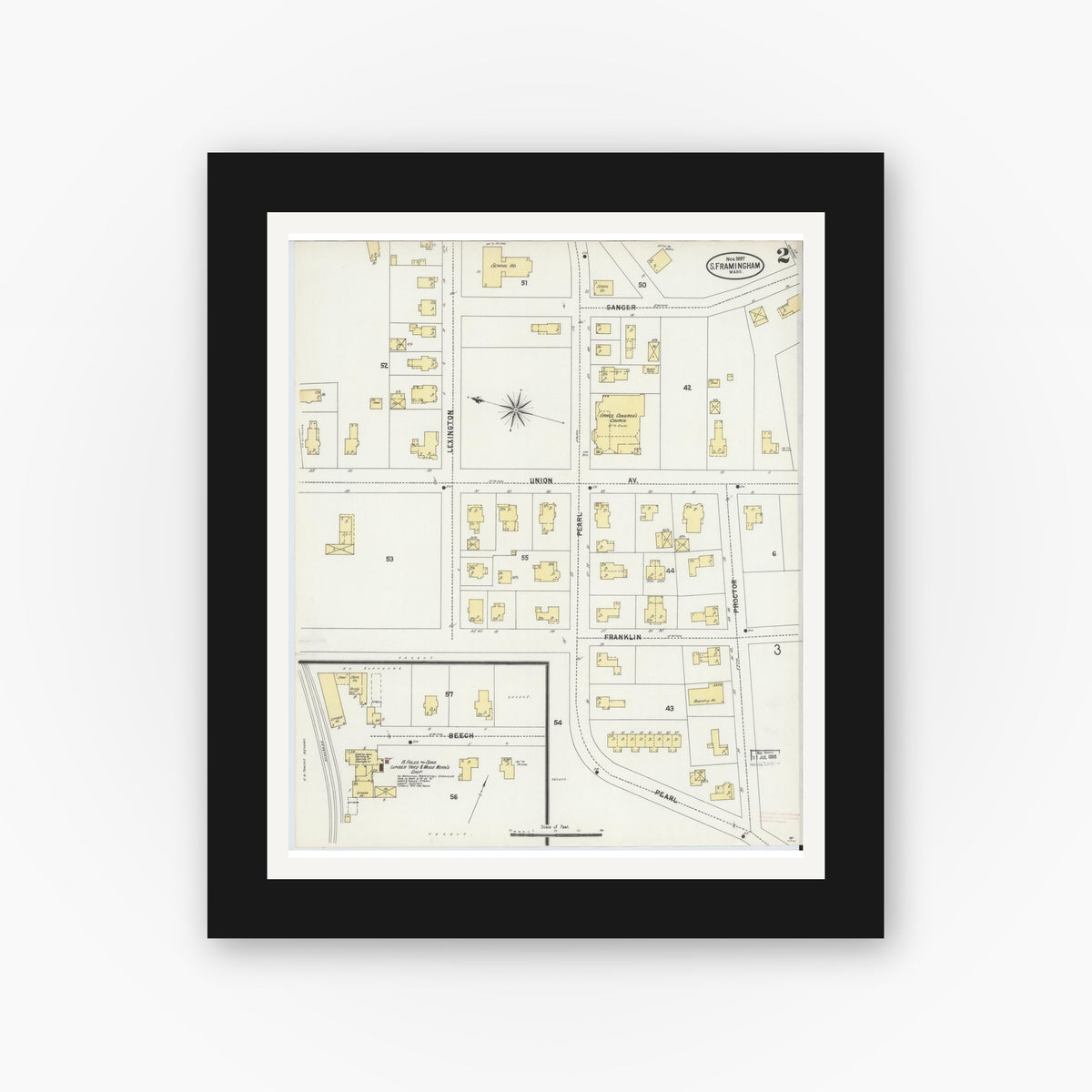 Old map wall art mockup — black gallery frame with white mat — Sanborn Fire Insurance Map from South Farmington, Middlesex County, Massachusetts (1897), Sheet #0002