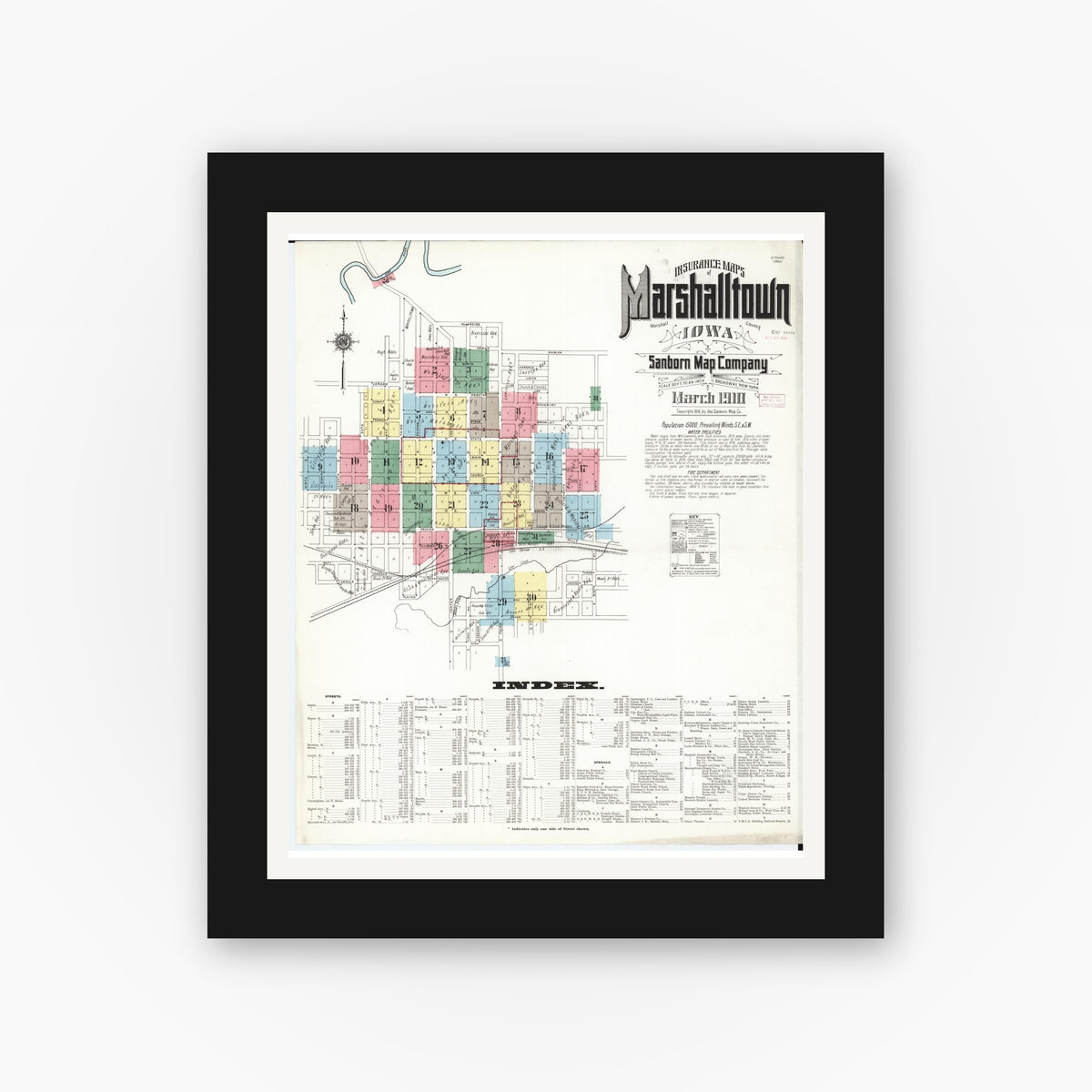 Old map wall art mockup — black gallery frame with white mat — Sanborn Fire Insurance Map from Marshalltown, Marshall County, Iowa (1910) — Complete Set
