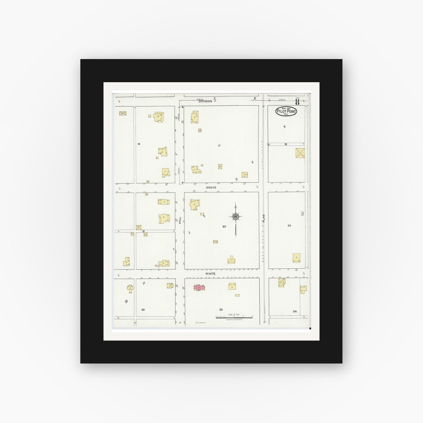 Old map wall art mockup — black gallery frame with white mat — Sanborn Fire Insurance Map from Pilot Point, Denton County, Texas (1921), Sheet #0008
