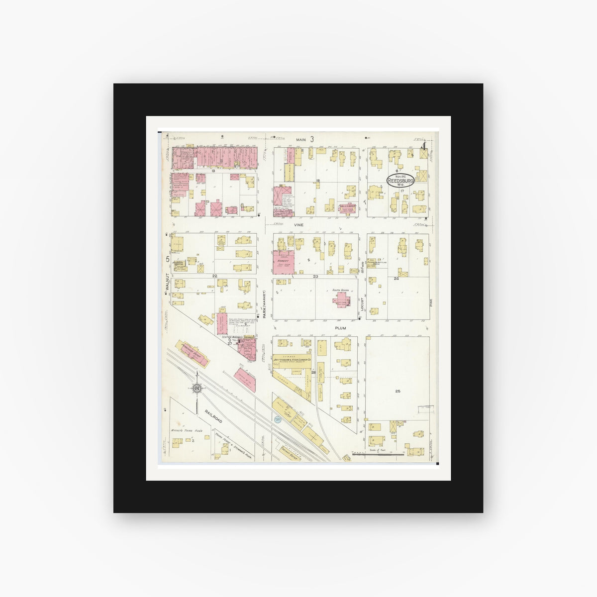 Old map wall art mockup — black gallery frame with white mat — Sanborn Fire Insurance Map from Reedsburg, Sauk County, Wisconsin (1912), Sheet #0004