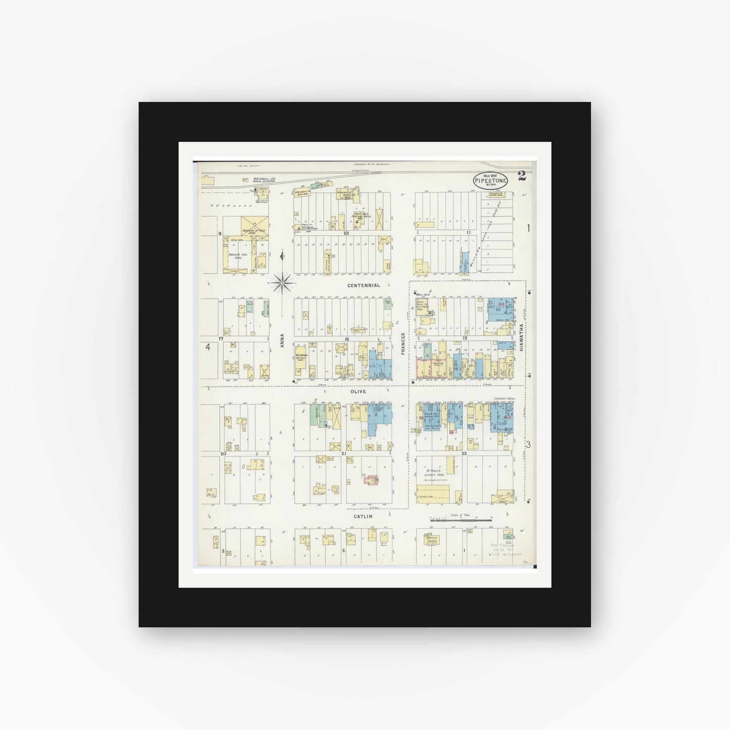 Old map wall art mockup — black gallery frame with white mat — Sanborn Fire Insurance Map from Pipestone, Pipestone County, Minnesota (1898), Sheet #0002
