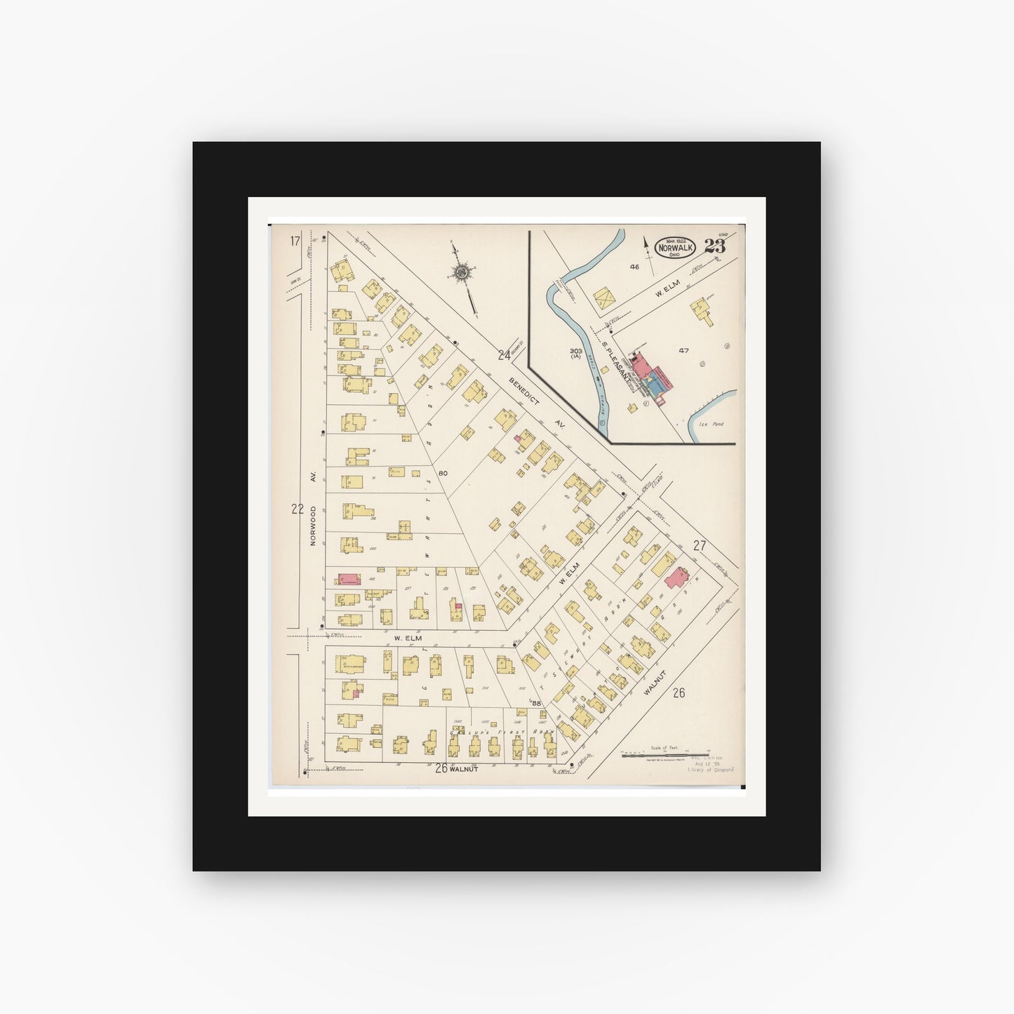 Old map wall art mockup — black gallery frame with white mat — Sanborn Fire Insurance Map from Norwalk, Huron County, Ohio (1922), Sheet #0023