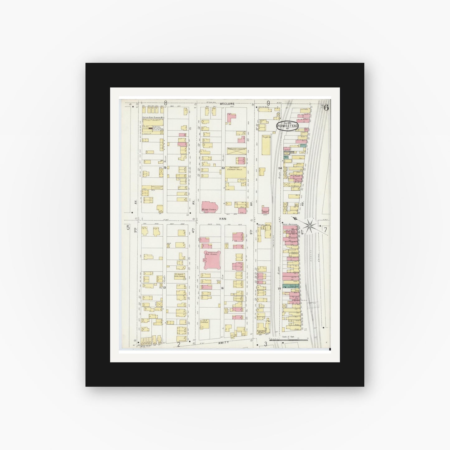 Old map wall art mockup — black gallery frame with white mat — Sanborn Fire Insurance Map from Homestead, Allegheny County, Pennsylvania (1896), Sheet #0006