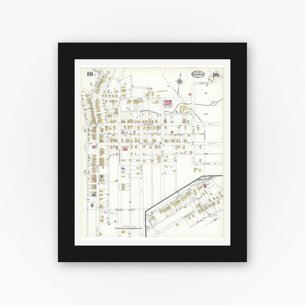 Old map wall art mockup — black gallery frame with white mat — Sanborn Fire Insurance Map from Bangor, Northampton County, Pennsylvania (1923), Sheet #0010