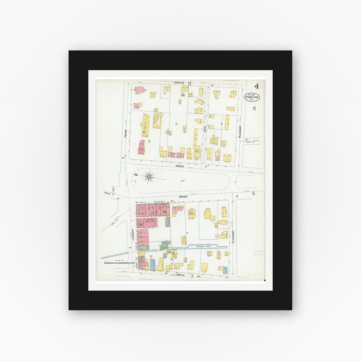 Old map wall art mockup — black gallery frame with white mat — Sanborn Fire Insurance Map from Hamlin, Monroe County, New York (1914), Sheet #0001