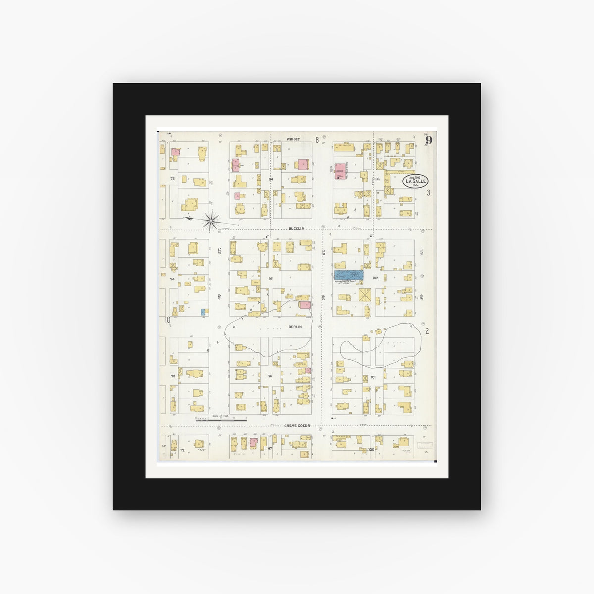 Old map wall art mockup — black gallery frame with white mat — Sanborn Fire Insurance Map from La Salle, La Salle County, Illinois (1906), Sheet #0009