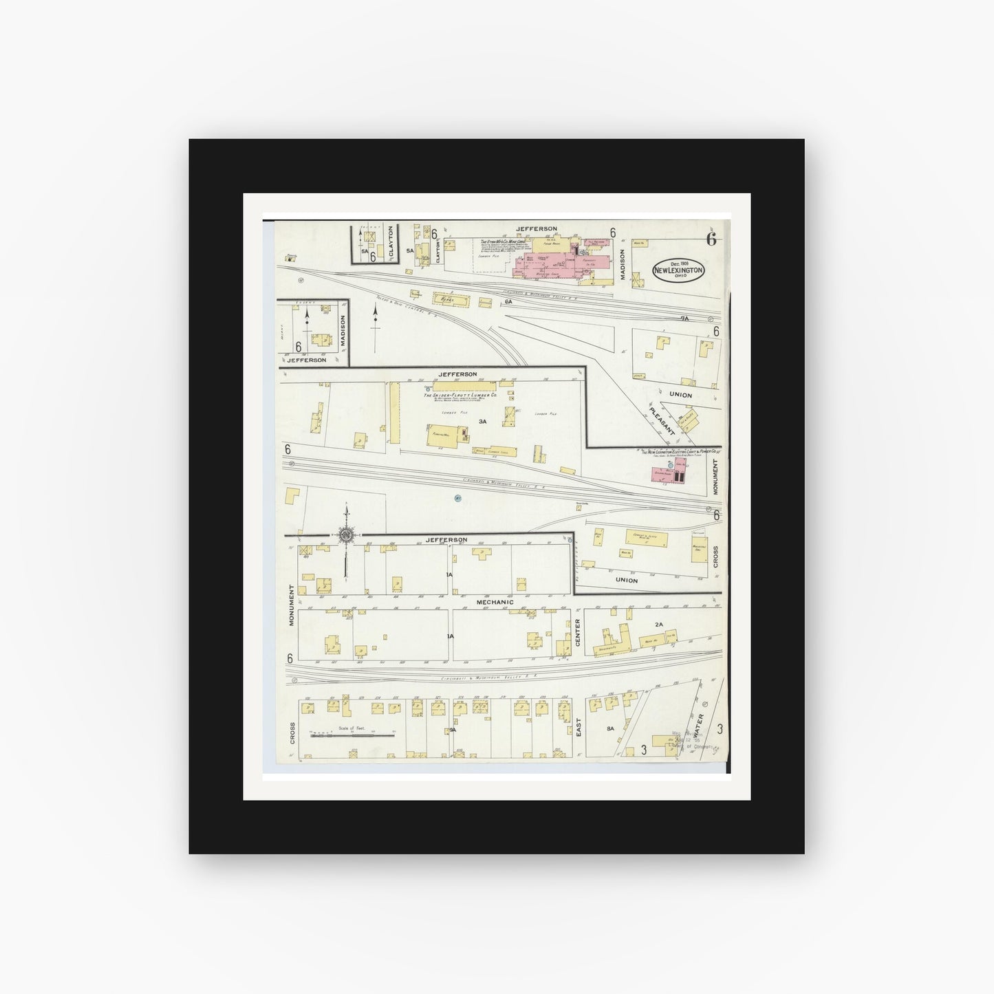 Old map wall art mockup — black gallery frame with white mat — Sanborn Fire Insurance Map from New Lexington, Perry County, Ohio (1909), Sheet #0006
