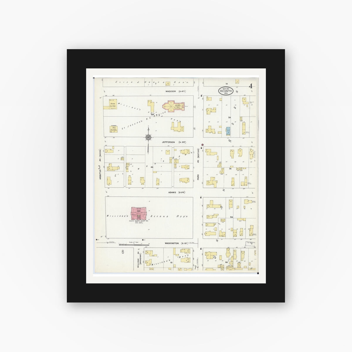 Old map wall art mockup — black gallery frame with white mat — Sanborn Fire Insurance Map from Oconto, Oconto County, Wisconsin (1911), Sheet #0004