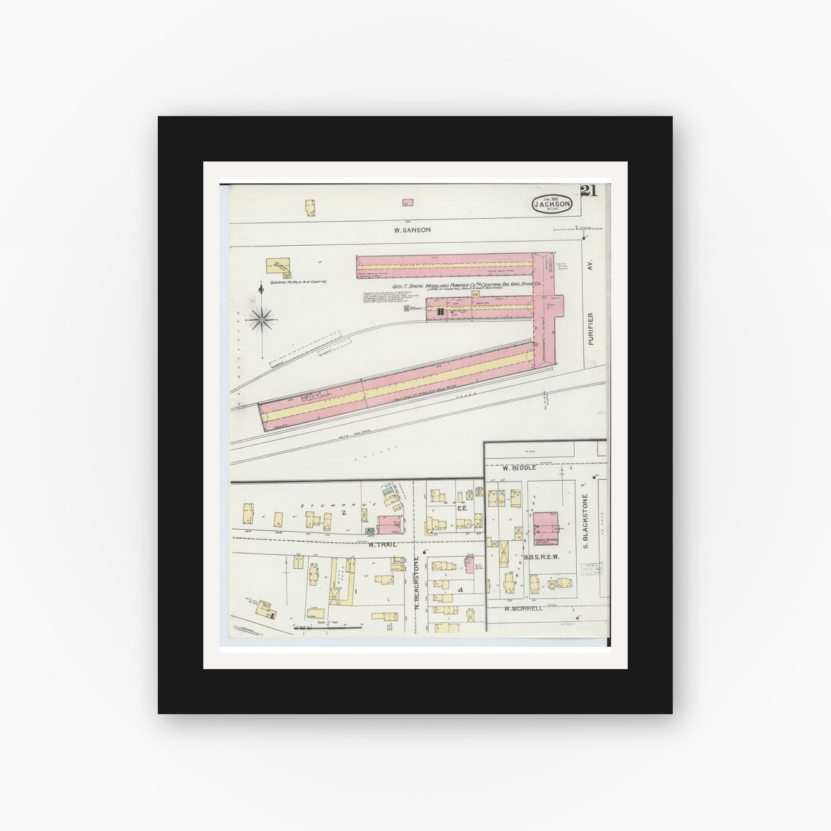 Old map wall art mockup — black gallery frame with white mat — Sanborn Fire Insurance Map from Jackson, Jackson County, Michigan (1893), Sheet #0021