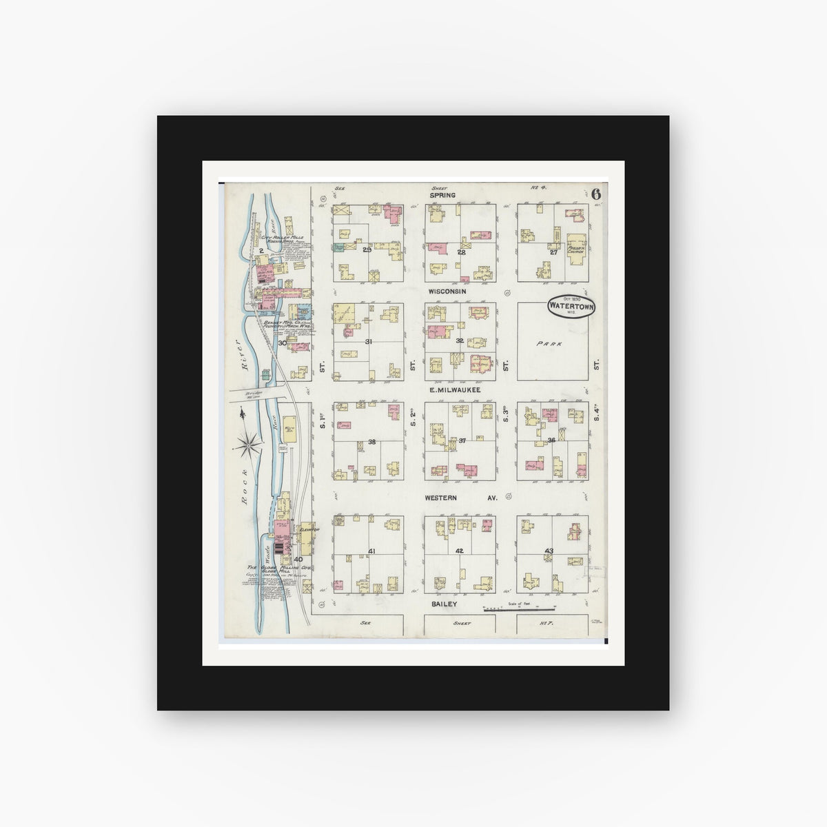 Old map wall art mockup — black gallery frame with white mat — Sanborn Fire Insurance Map from Watertown, Jefferson County, Wisconsin (1890), Sheet #0006