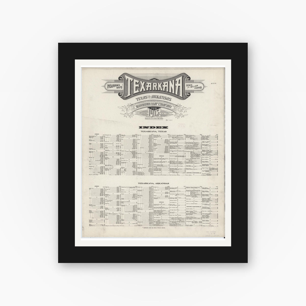 Old map wall art mockup — black gallery frame with white mat — Sanborn Fire Insurance Map from Texarkana, Bowie County, Texas (1915), Sheet #0001