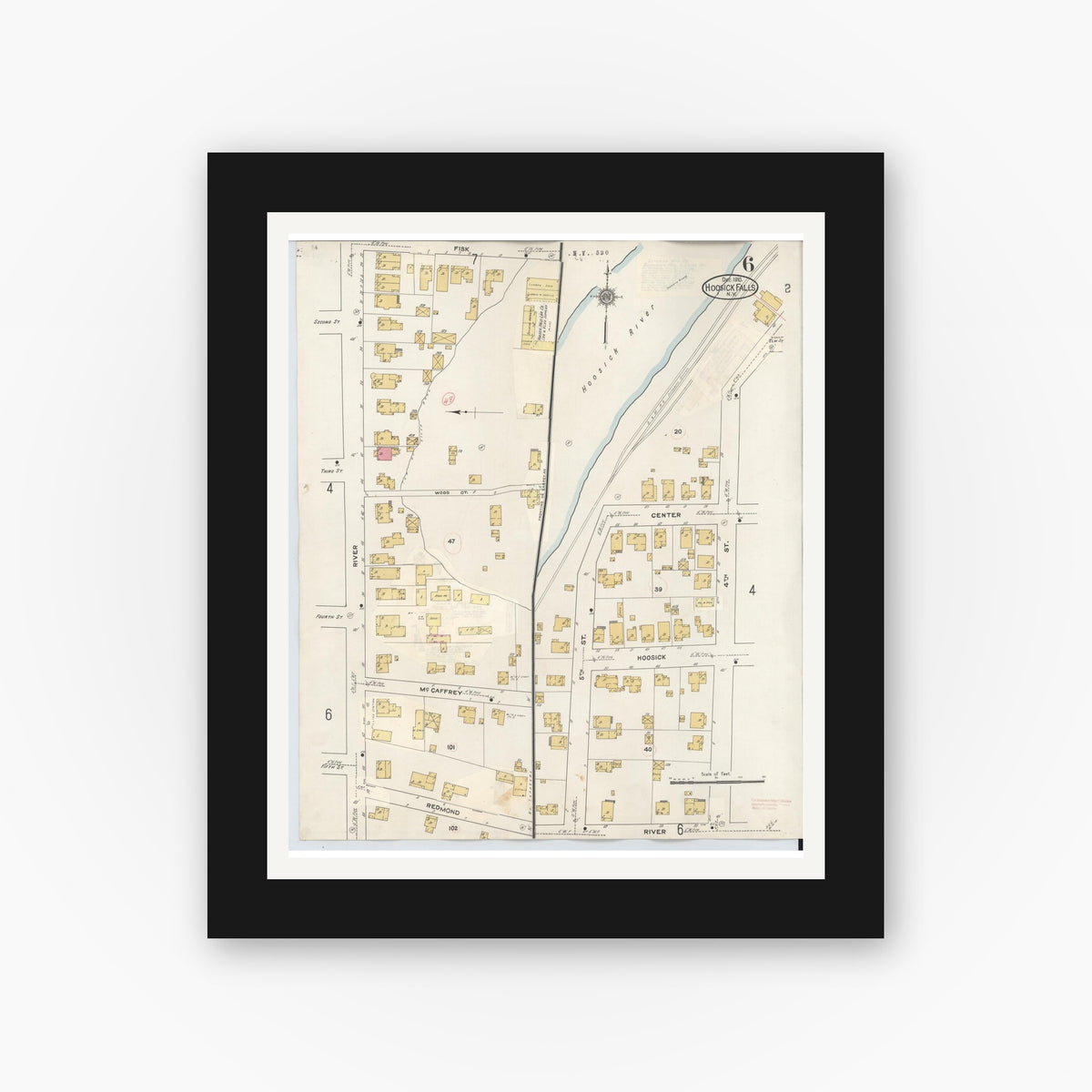 Old map wall art mockup — black gallery frame with white mat — Sanborn Fire Insurance Map from Hoosick Falls, Rensselaer County, New York (1945), Sheet #0006