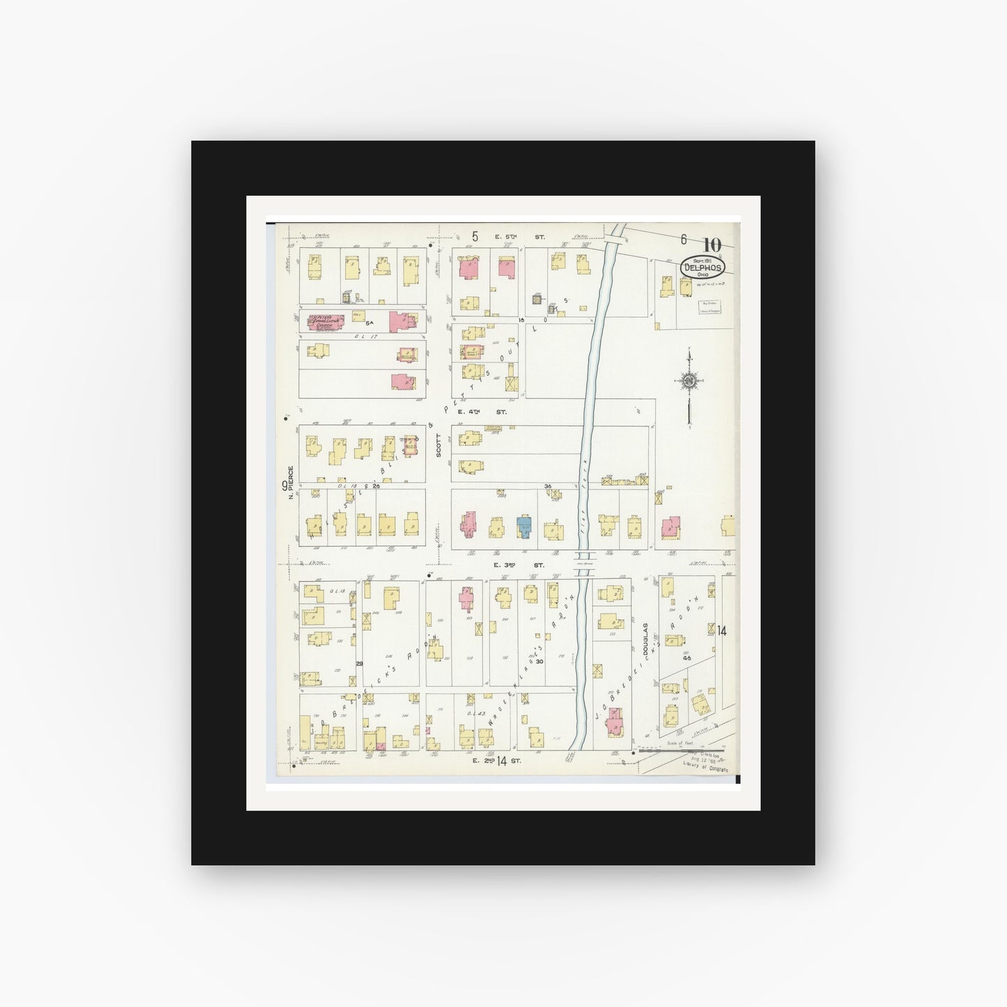 Old map wall art mockup — black gallery frame with white mat — Sanborn Fire Insurance Map from Delphos, Van Wert And Allen Counties, Ohio (1911), Sheet #0010