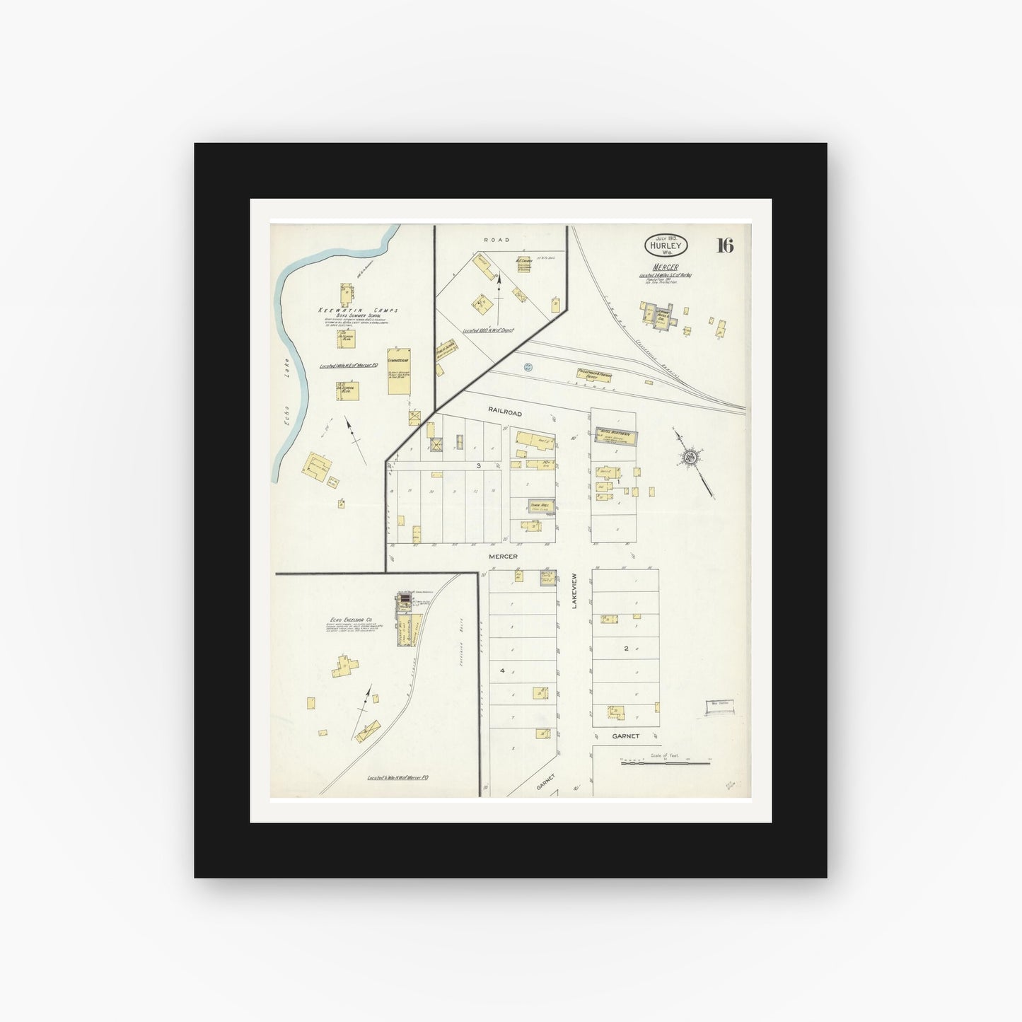 Old map wall art mockup — black gallery frame with white mat — Sanborn Fire Insurance Map from Hurley, Iron County, Wisconsin (1913), Sheet #0016