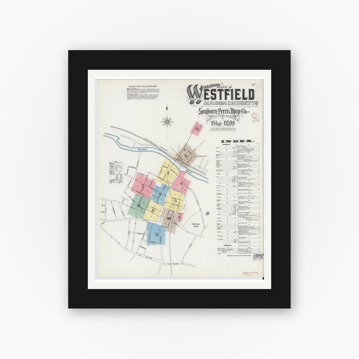 Old map wall art mockup — black gallery frame with white mat — Sanborn Fire Insurance Map from Westfield, Hampden County, Massachusetts (1895), Sheet #0001