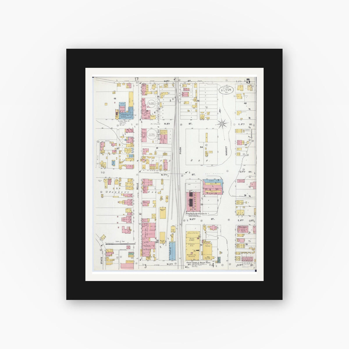 Old map wall art mockup — black gallery frame with white mat — Sanborn Fire Insurance Map from Alton, Madison County, Illinois (1902), Sheet #0005