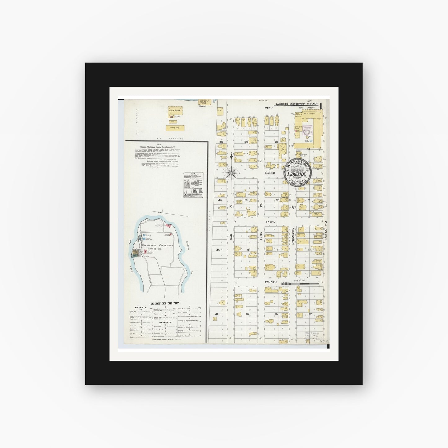 Old map wall art mockup — black gallery frame with white mat — Sanborn Fire Insurance Map from Lakeside, Ottawa County, Ohio (1905), Sheet #0001