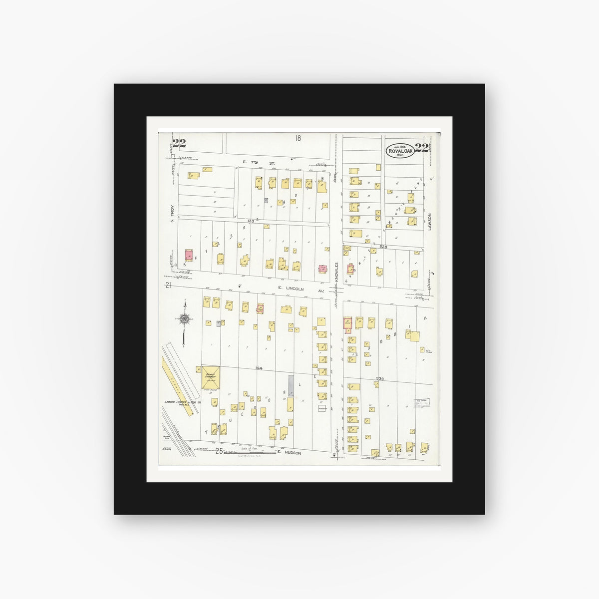 Old map wall art mockup — black gallery frame with white mat — Sanborn Fire Insurance Map from Royal Oak, Oakland County, Michigan (1926), Sheet #0022