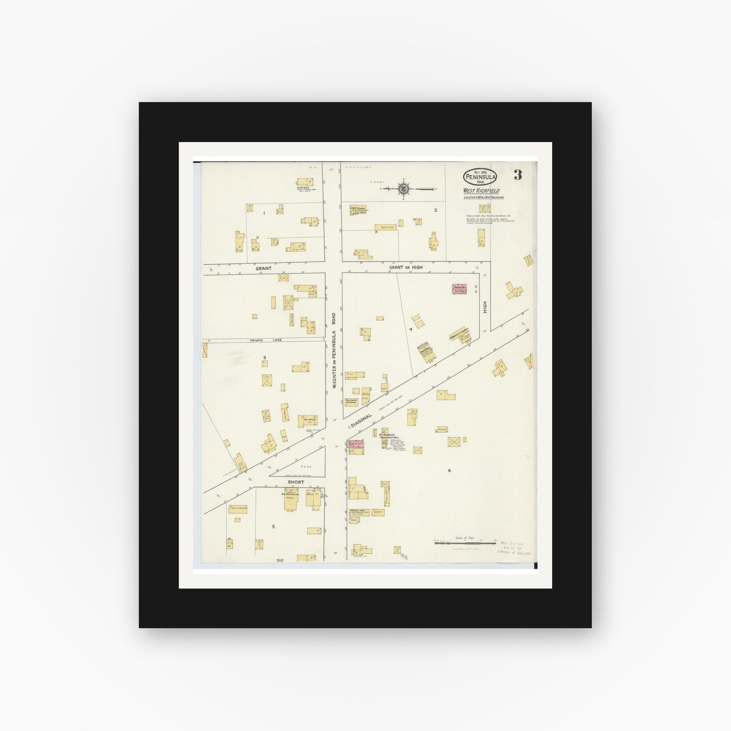 Old map wall art mockup — black gallery frame with white mat — Sanborn Fire Insurance Map from Peninsula, Summit County, Ohio (1916), Sheet #0003