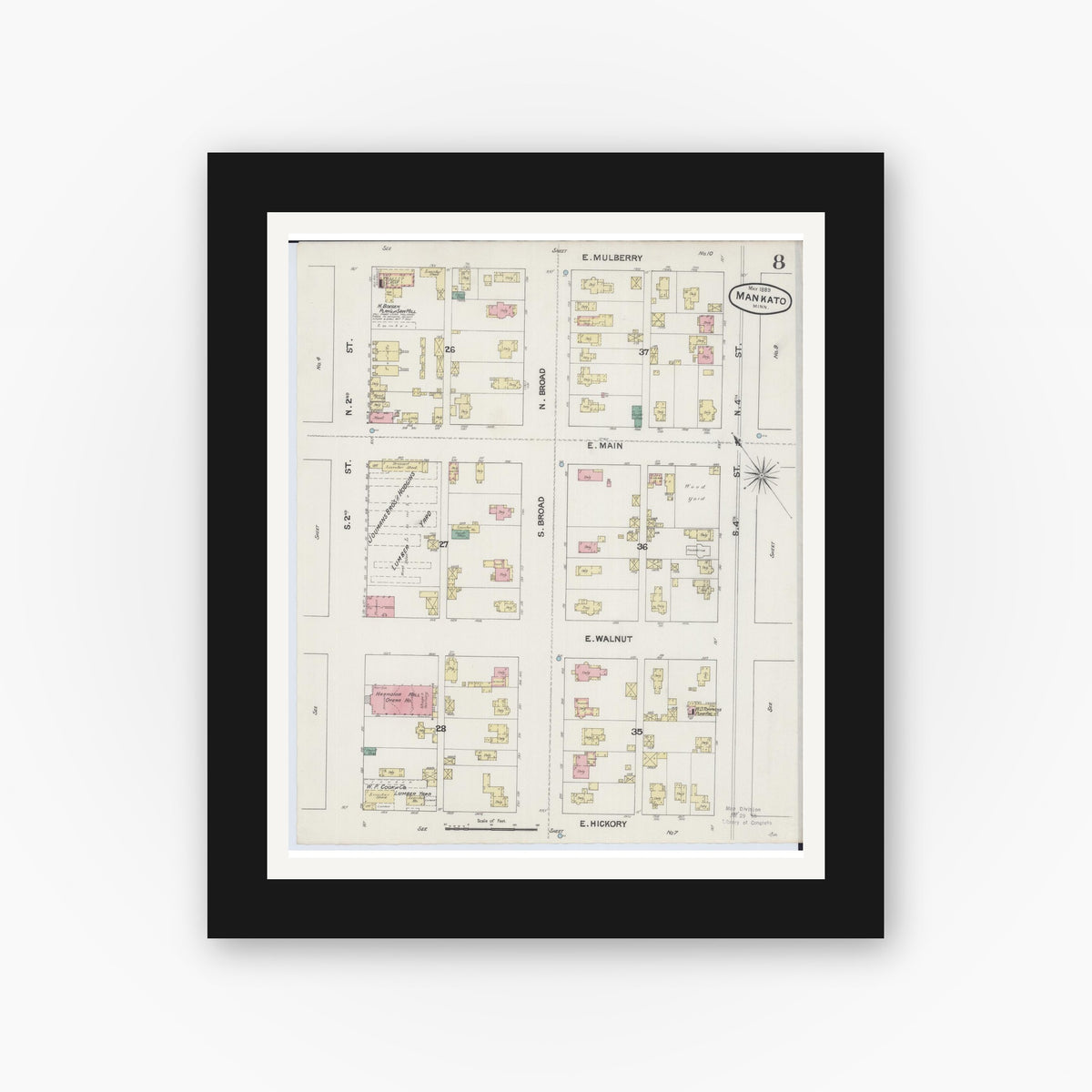 Old map wall art mockup — black gallery frame with white mat — Sanborn Fire Insurance Map from Mankato, Blue Earth County, Minnesota (1889), Sheet #0008