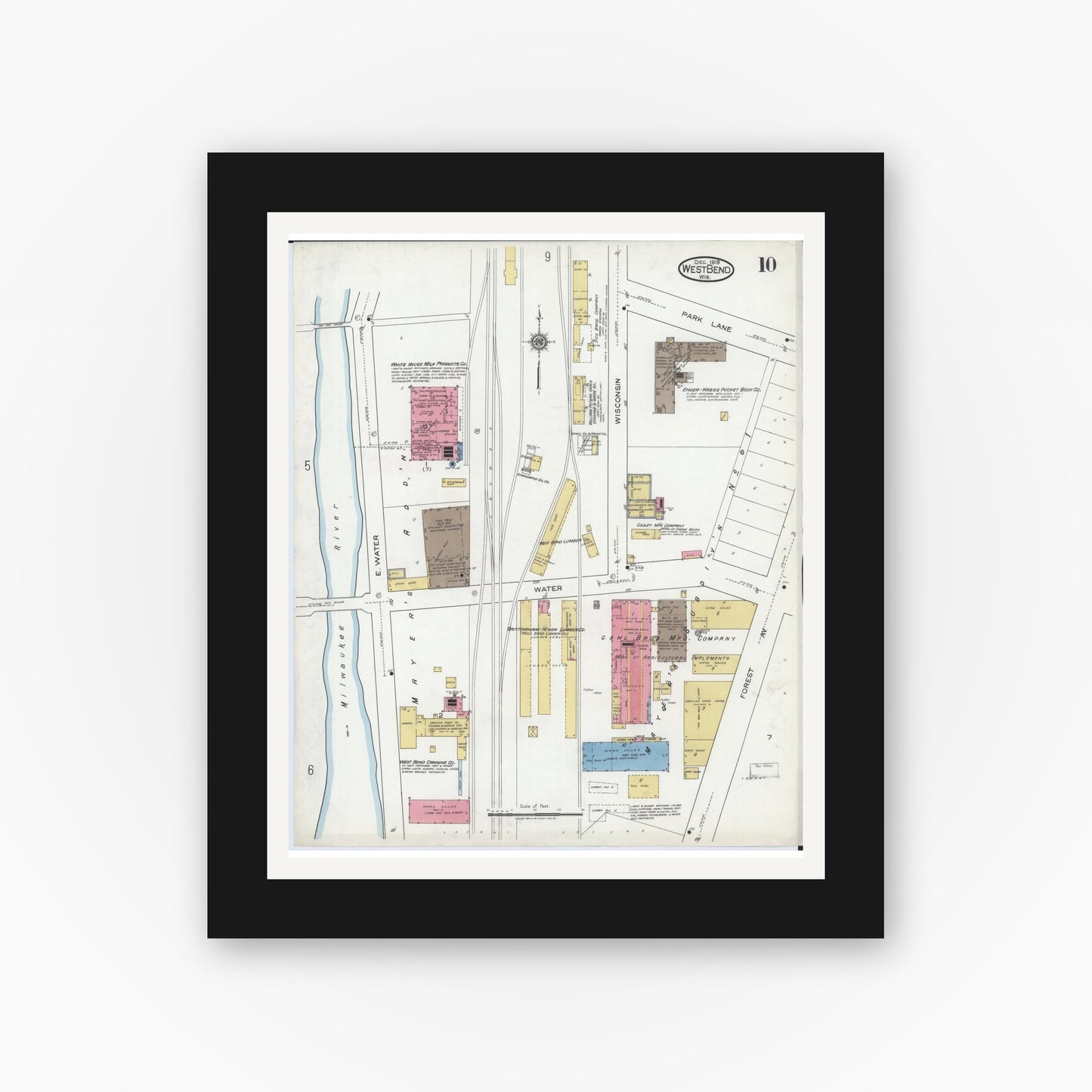 Old map wall art mockup — black gallery frame with white mat — Sanborn Fire Insurance Map from West Bend, Washington County, Wisconsin (1919), Sheet #0010