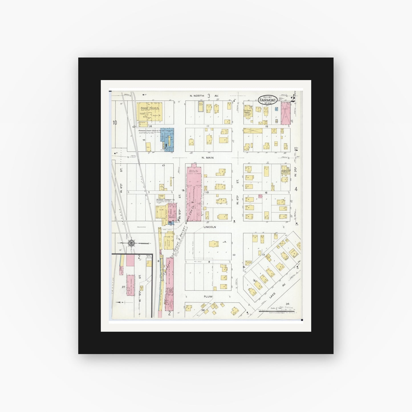 Old map wall art mockup — black gallery frame with white mat — Sanborn Fire Insurance Map from Fairmont, Martin County, Minnesota (1917), Sheet #0002