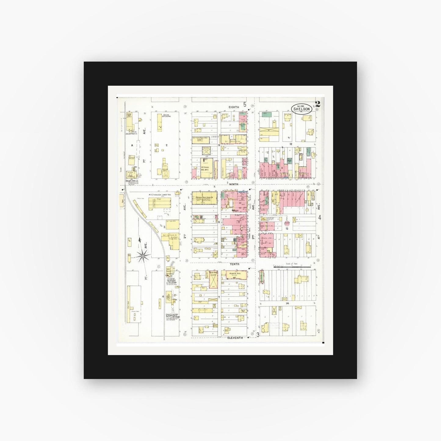 Old map wall art mockup — black gallery frame with white mat — Sanborn Fire Insurance Map from Sheldon, O'Brien County, Iowa (1901), Sheet #0002