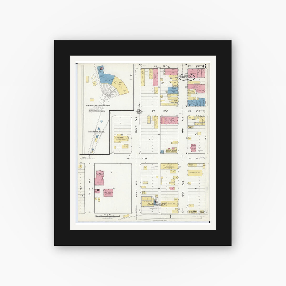 Old map wall art mockup — black gallery frame with white mat — Sanborn Fire Insurance Map from Thief River Falls, Pennington County, Minnesota (1916), Sheet #0006