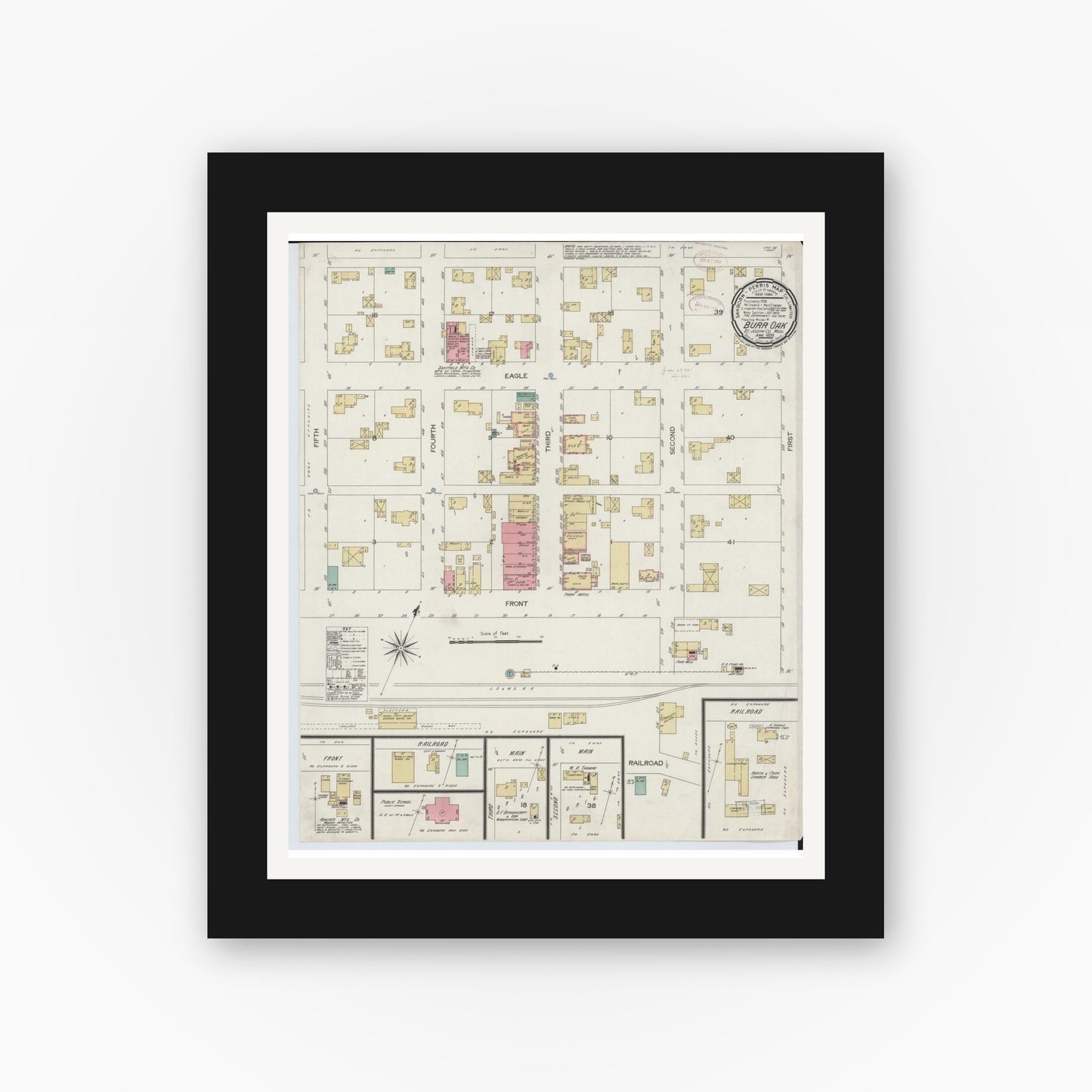 Old map wall art mockup — black gallery frame with white mat — Sanborn Fire Insurance Map from Burr Oak, Saint Joseph County, Michigan (1899), Sheet #0001