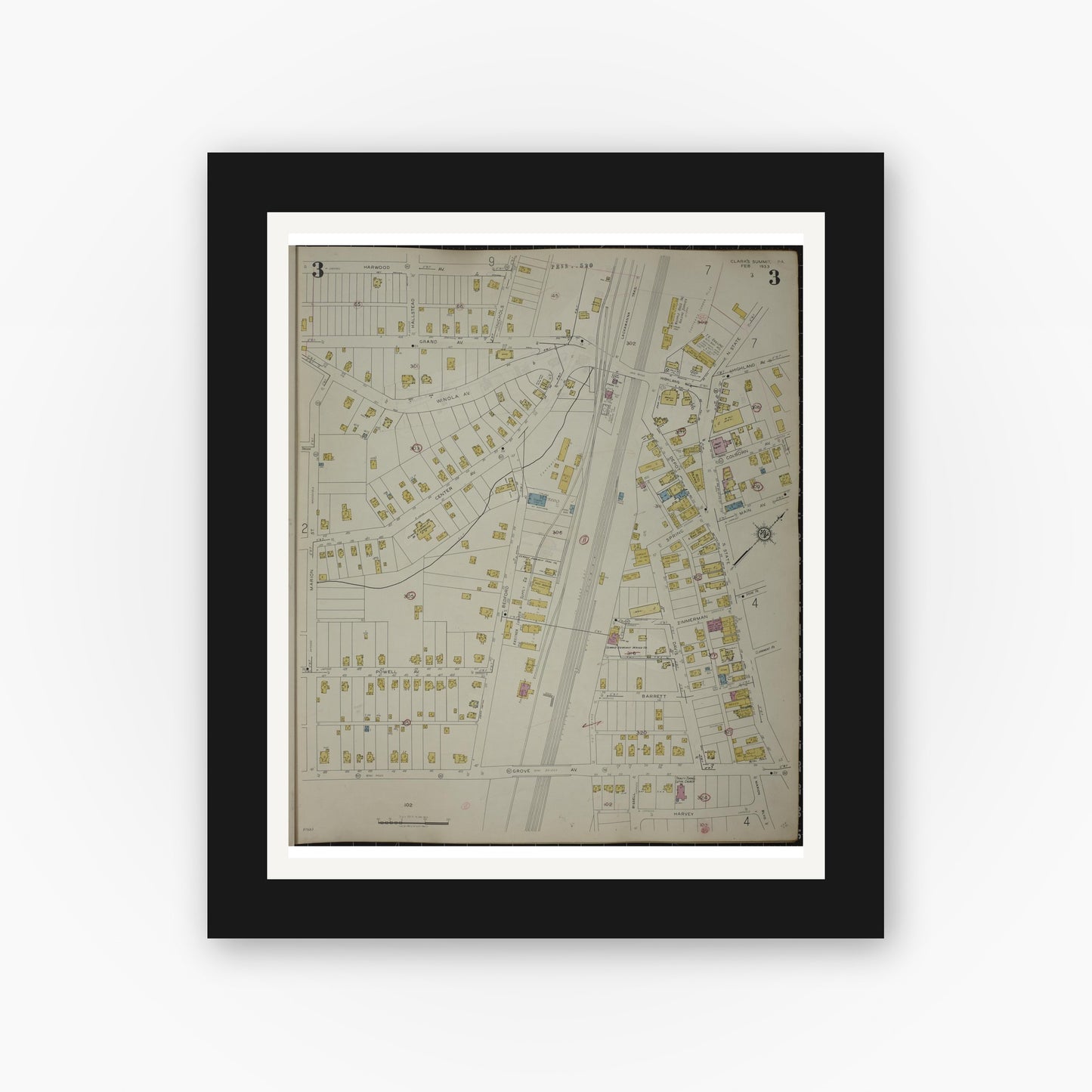 Old map wall art mockup — black gallery frame with white mat — Sanborn Fire Insurance Map from Clark's Summit, Lackawanna County, Pennsylvania (1942), Sheet #0003