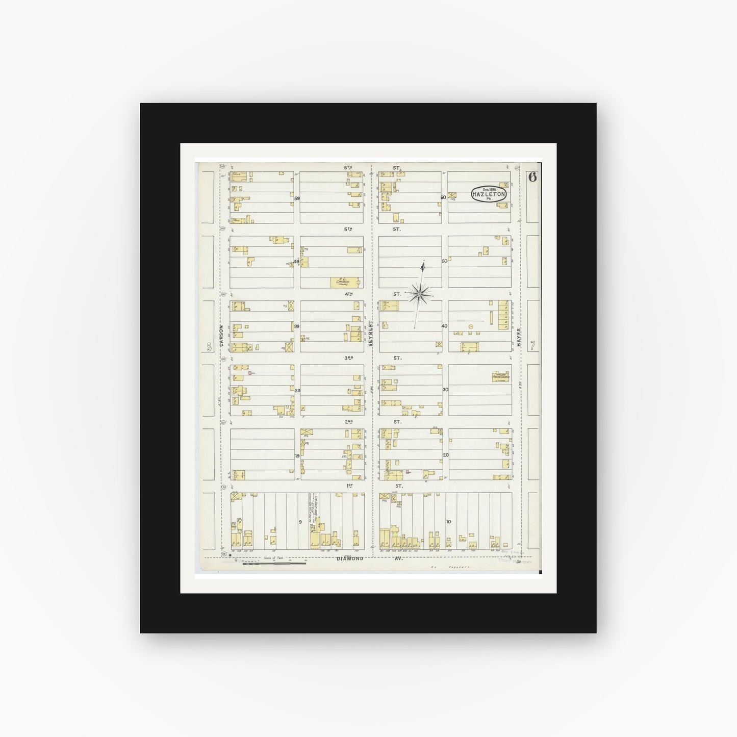 Old map wall art mockup — black gallery frame with white mat — Sanborn Fire Insurance Map from Hazleton, Luzerne County, Pennsylvania (1895), Sheet #0006