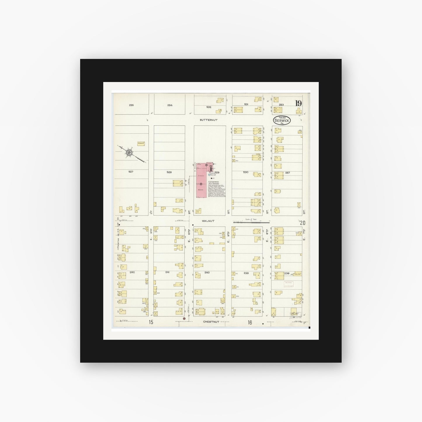 Old map wall art mockup — black gallery frame with white mat — Sanborn Fire Insurance Map from Berwick, Columbia County, Pennsylvania (1913), Sheet #0019