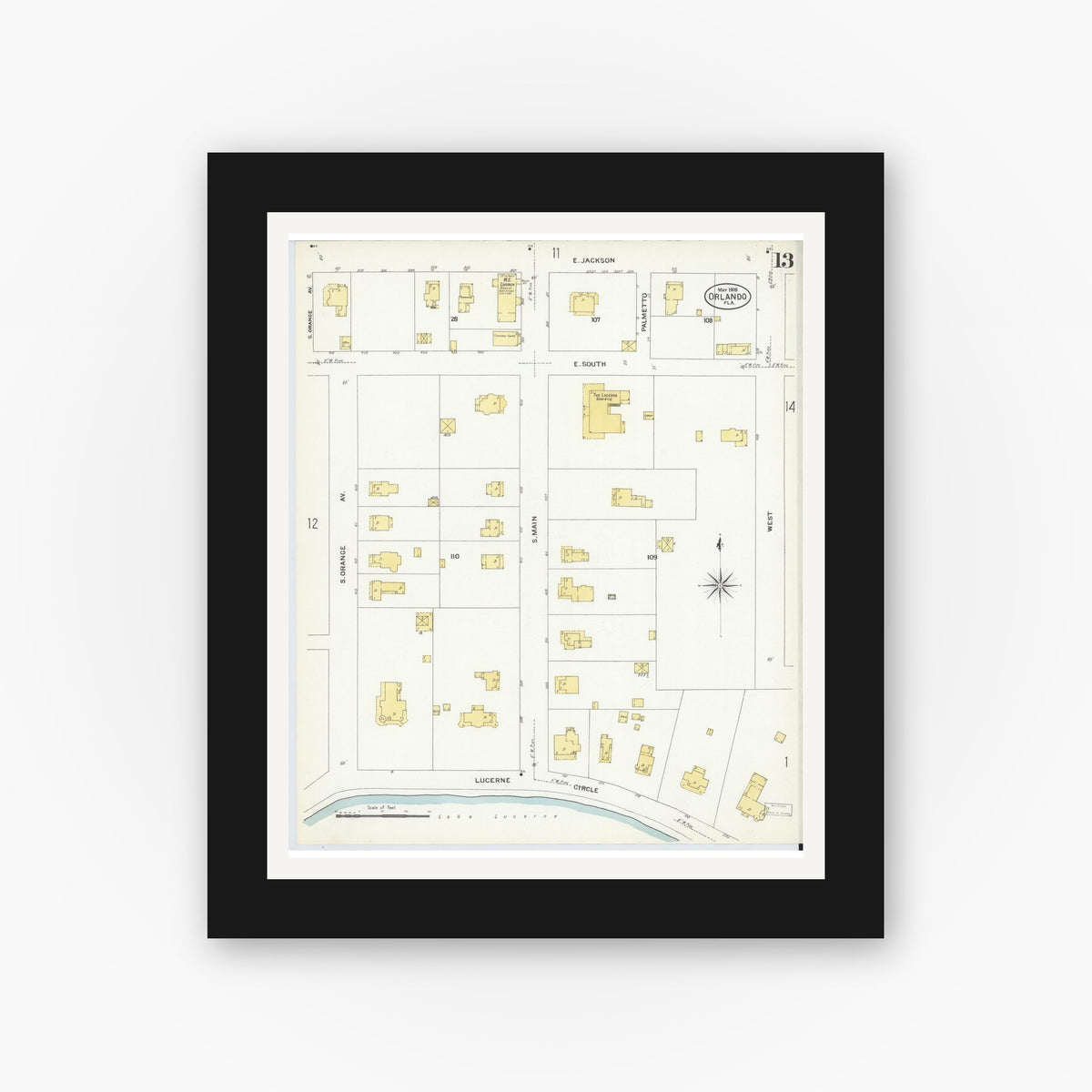 Old map wall art mockup — black gallery frame with white mat — Sanborn Fire Insurance Map from Orlando, Orange County, Florida (1908), Sheet #0013