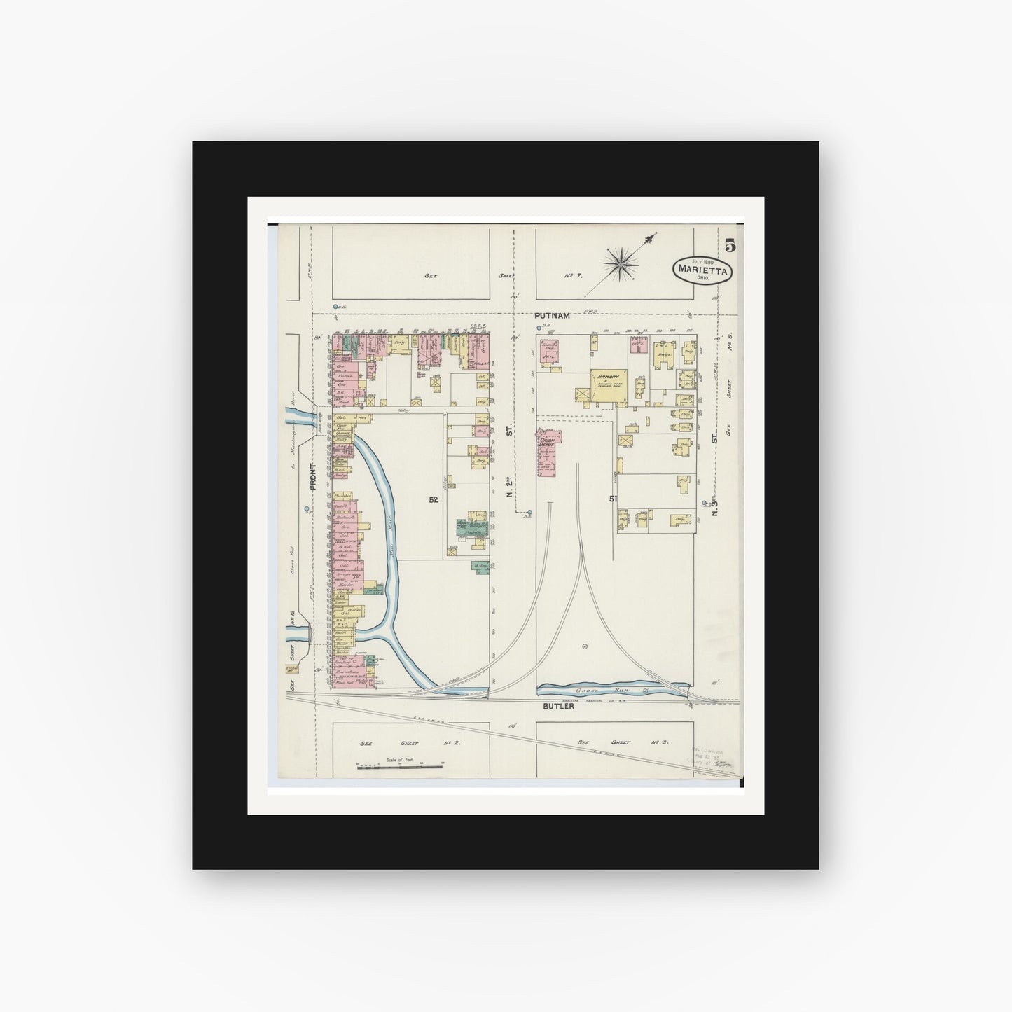 Old map wall art mockup — black gallery frame with white mat — Sanborn Fire Insurance Map from Marietta, Washington County, Ohio (1890), Sheet #0005
