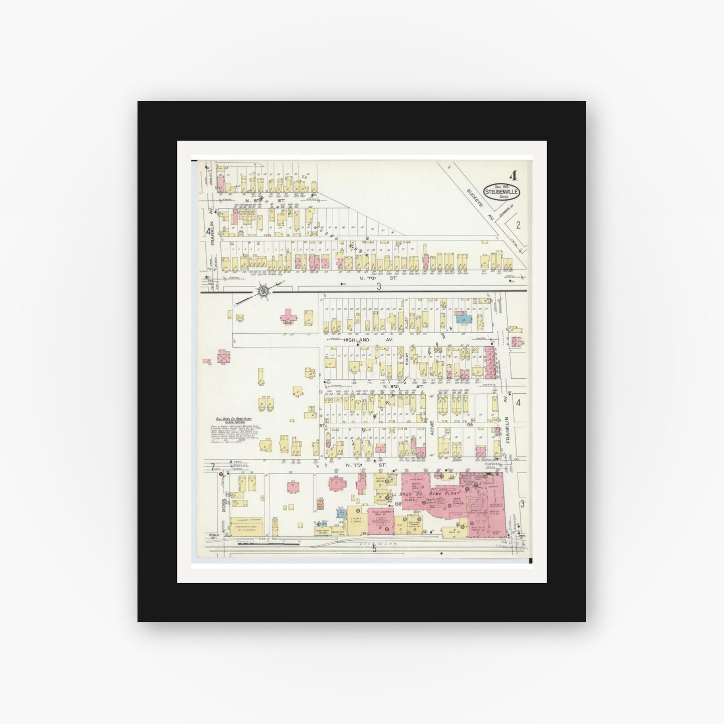 Old map wall art mockup — black gallery frame with white mat — Sanborn Fire Insurance Map from Steubenville, Jefferson County, Ohio (1913), Sheet #0004