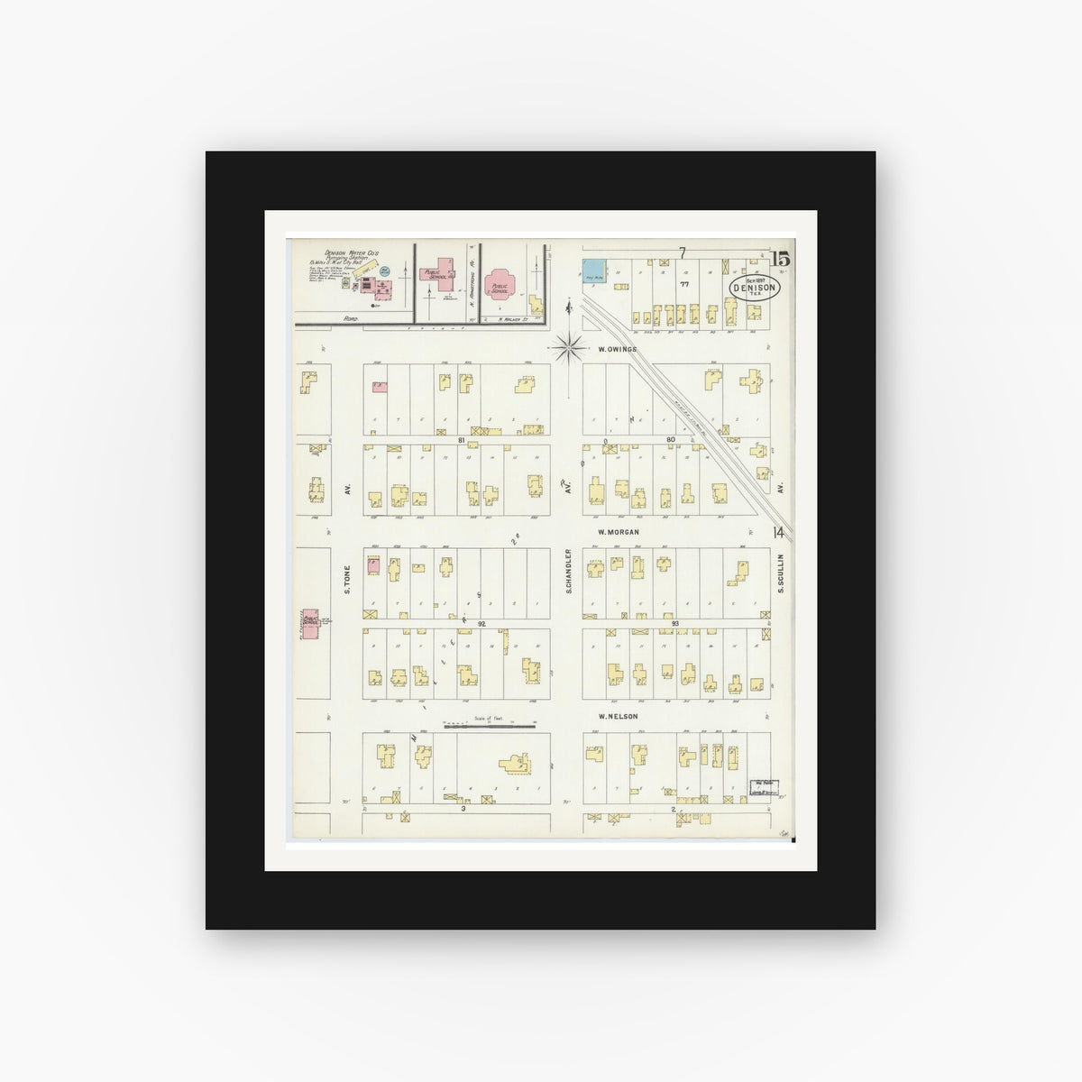 Old map wall art mockup — black gallery frame with white mat — Sanborn Fire Insurance Map from Denison, Grayson County, Texas (1897), Sheet #0015