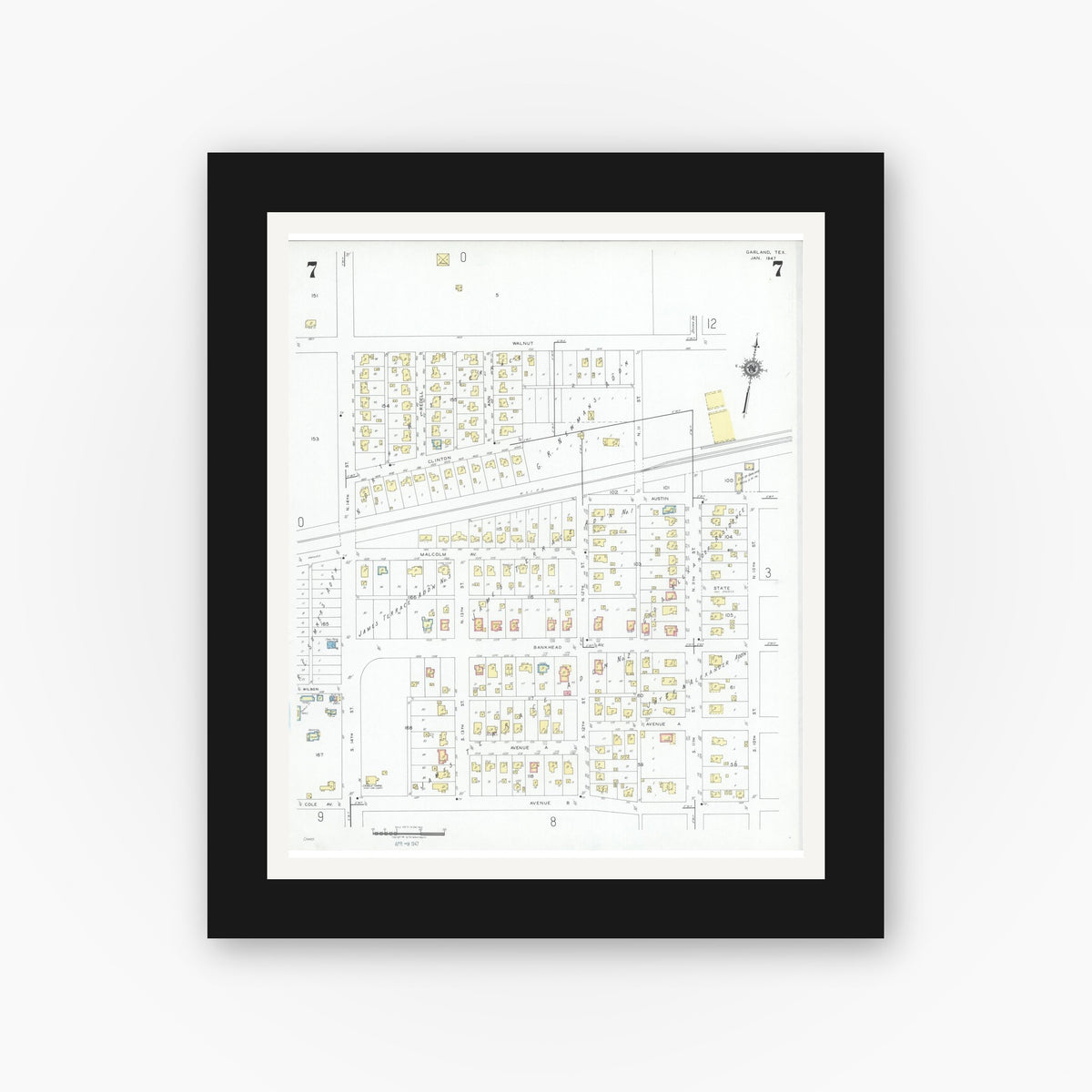 Old map wall art mockup — black gallery frame with white mat — Sanborn Fire Insurance Map from Garland, Dallas County, Texas (1947), Sheet #0007