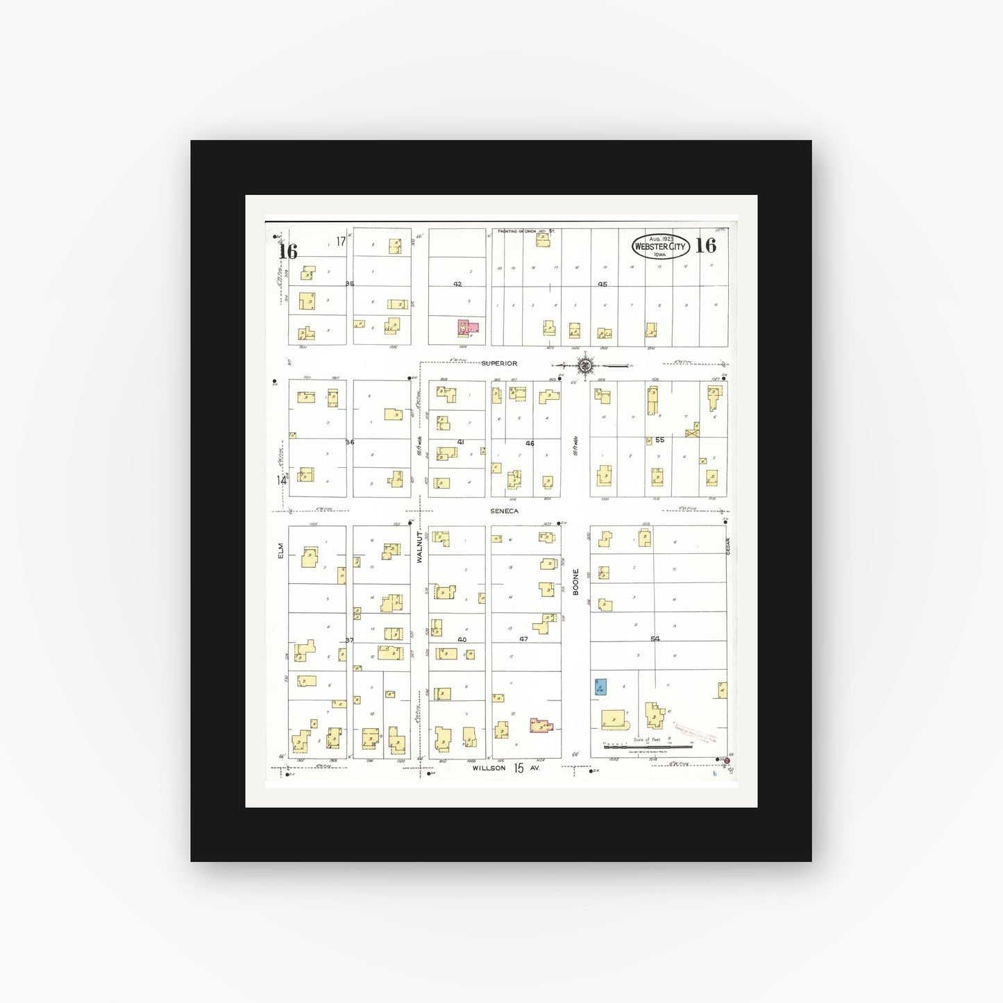 Old map wall art mockup — black gallery frame with white mat — Sanborn Fire Insurance Map from Webster City, Hamilton County, Iowa (1923), Sheet #0016