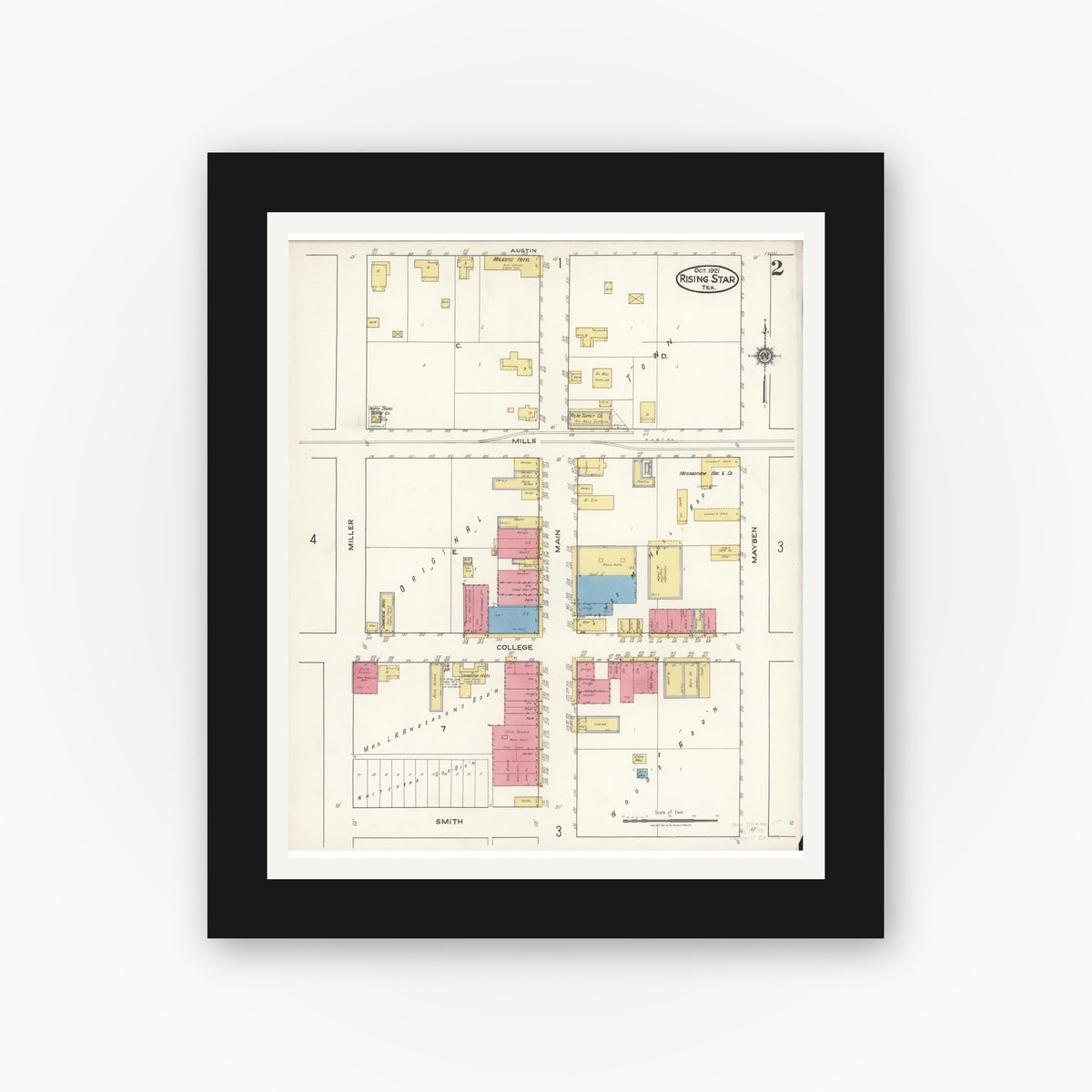 Old map wall art mockup — black gallery frame with white mat — Sanborn Fire Insurance Map from Rising Star, Eastland County, Texas (1921), Sheet #0002