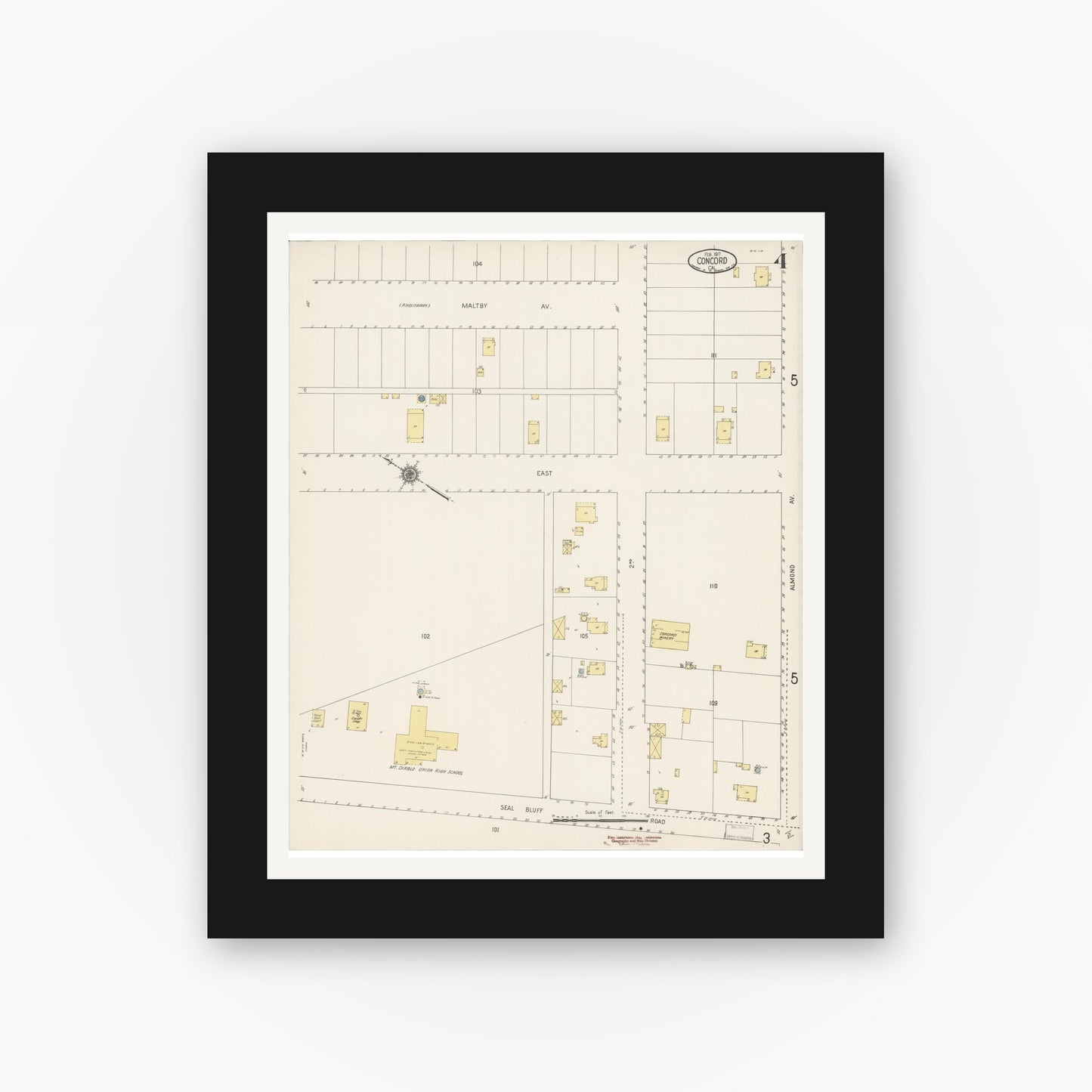 Old map wall art mockup — black gallery frame with white mat — Sanborn Fire Insurance Map from Concord, Contra Costa County, California (1917), Sheet #0004