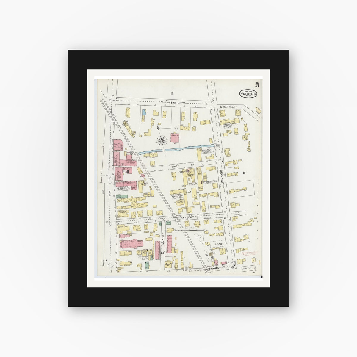 Old map wall art mockup — black gallery frame with white mat — Sanborn Fire Insurance Map from Westfield, Hampden County, Massachusetts (1895), Sheet #0005